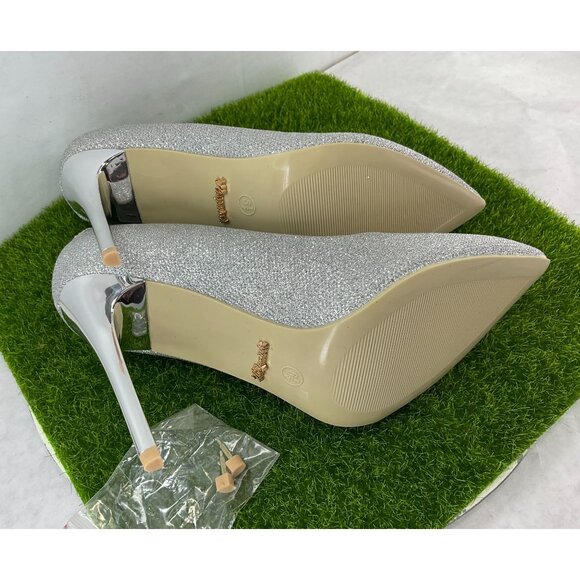 NEW Silver Sparkle Stiletto Heels Womens Pointed Toe Size 6.5 - Picture 6 of 7